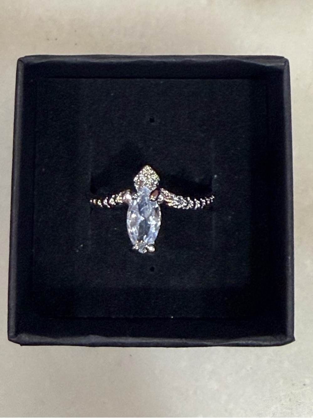 Solitaire Marquise Blue Cubic Zirconia Ring in Silver Size 6.75